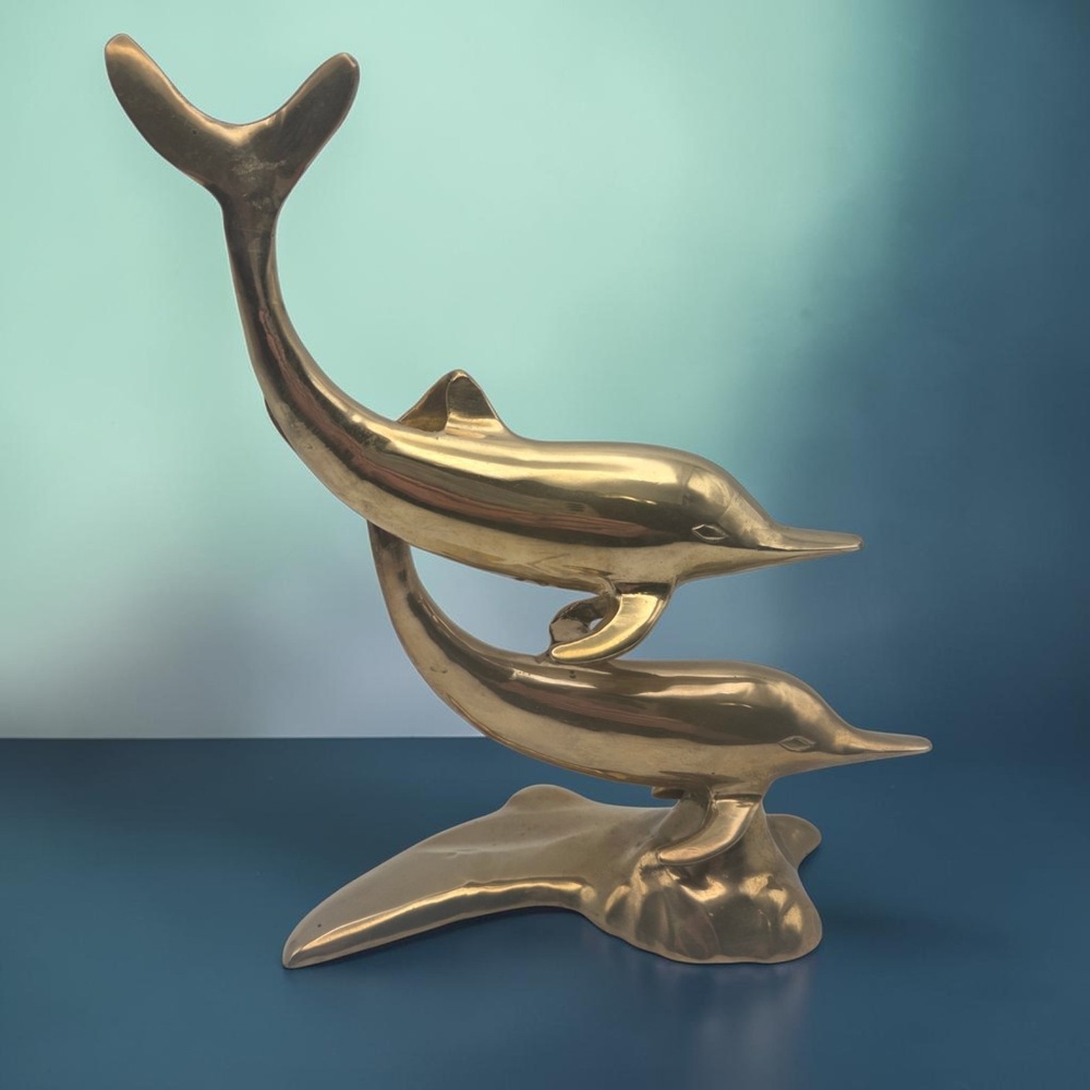 Vintage 2 Dolphins Swimming Brass Sculpture Figurine 10" MCM Ocean Nautical